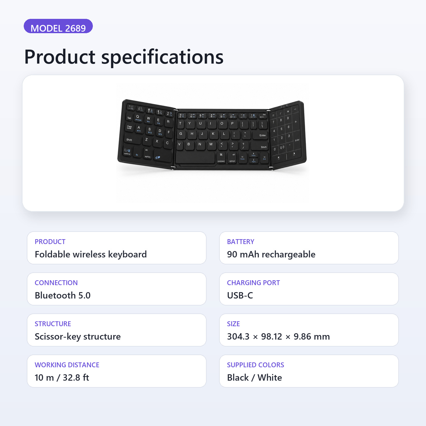 Selainda 2689 Foldable Bluetooth 5.0 Wireless Keyboard with Numeric Keypad and USB-C Charging