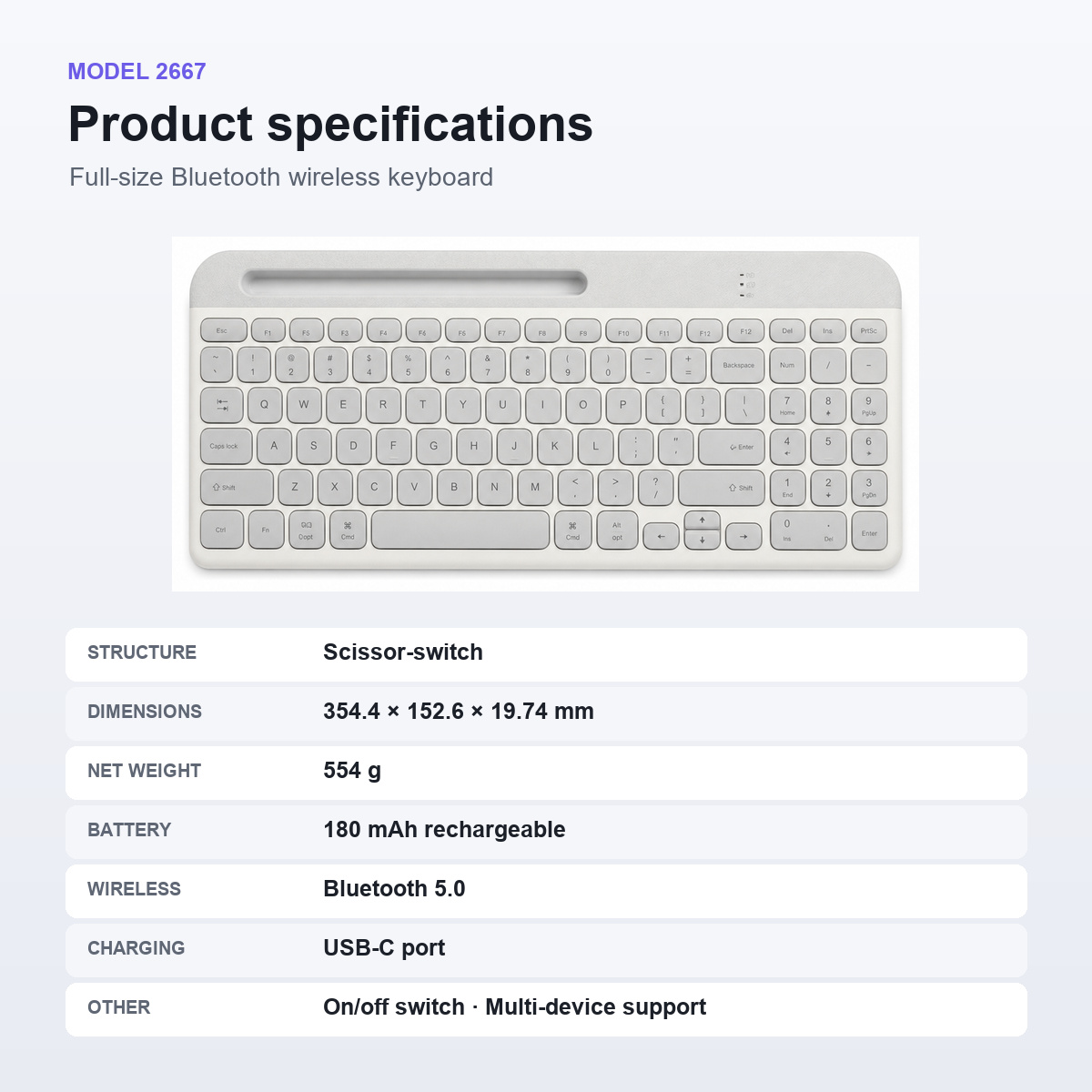 Selainda 2667 Full-Size Bluetooth 5.0 Wireless Keyboard with USB-C Charging