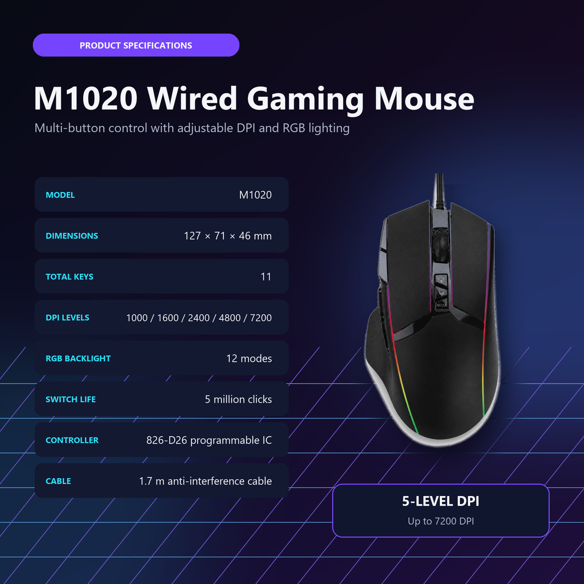 Selainda M1020 11-Key Programmable RGB Wired Gaming Mouse with 7200 DPI