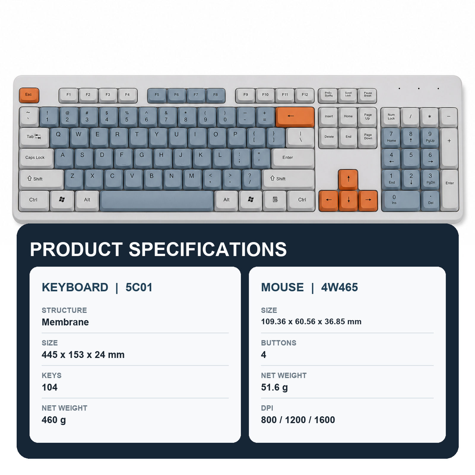 Selainda 5C01&4W465 Full-Size Wireless Keyboard Adjustable DPI Mouse Combo