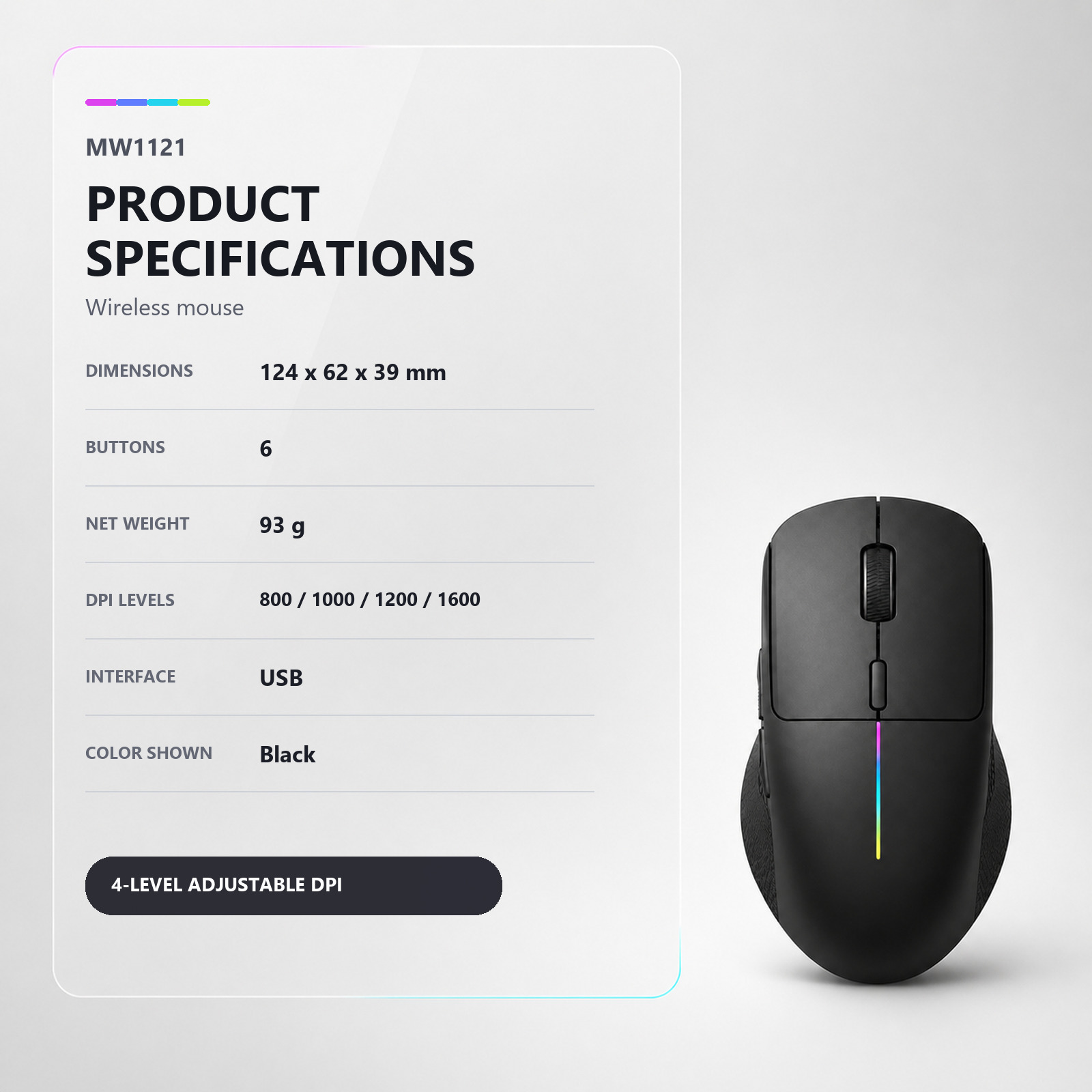 Selainda MW1121 Wireless Mouse with 4-Level Adjustable DPI, 6 Buttons and USB Interface