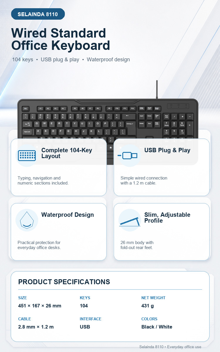 Selainda 8110 Wired Standard Office Keyboard, 104-Key Waterproof USB Plug-and-Play Full-Size Keyboard for Desktop PCs
