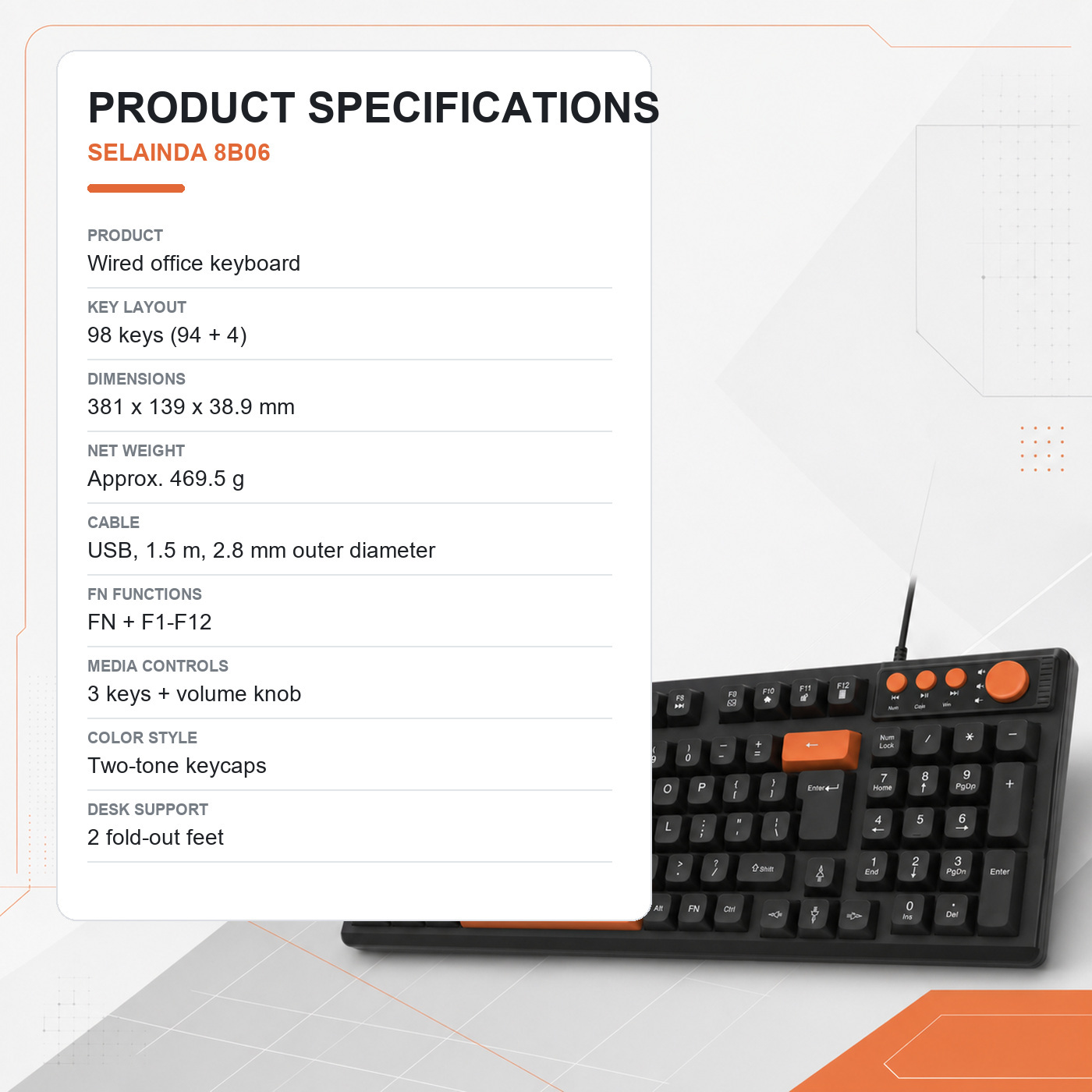 Selainda 8B06 Wired 98-Key Office Keyboard with Multimedia Controls, Volume Knob, FN Shortcuts and Numeric Keypad
