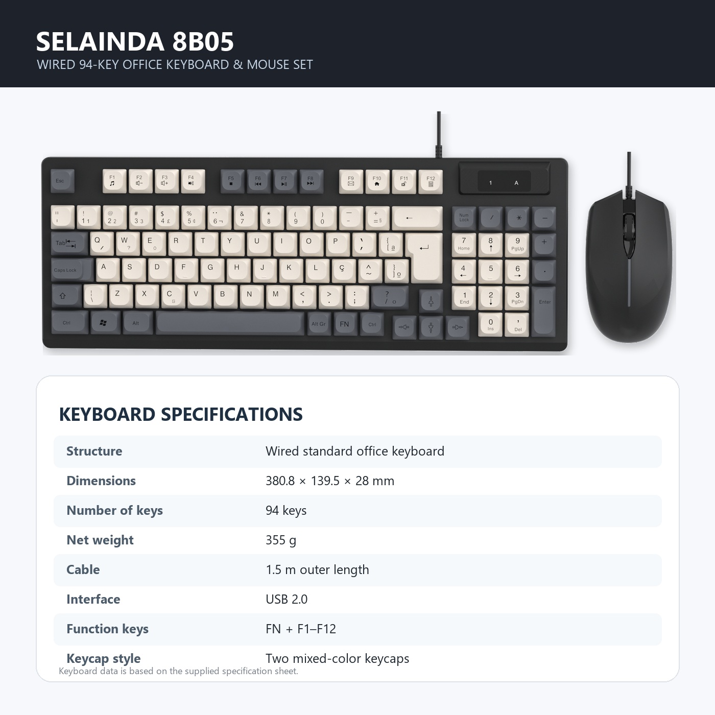 Selainda 8B05 Wired 94-Key Office Keyboard and Mouse Set with FN Multimedia Shortcuts, USB 2.0 and Two-Tone Keycaps
