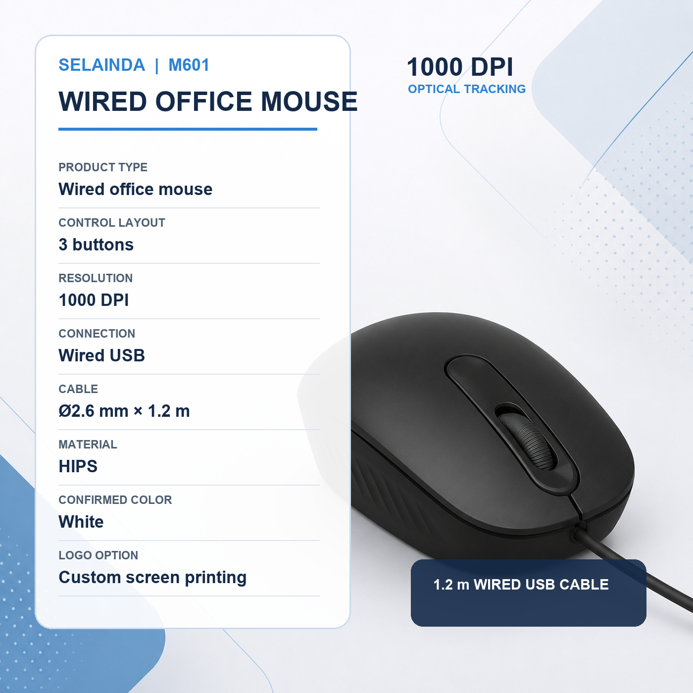 Selainda M601 Wired Office Mouse, 1000 DPI USB 3-Button Optical Mouse with 1.2 m Cable for Office and Home Computers