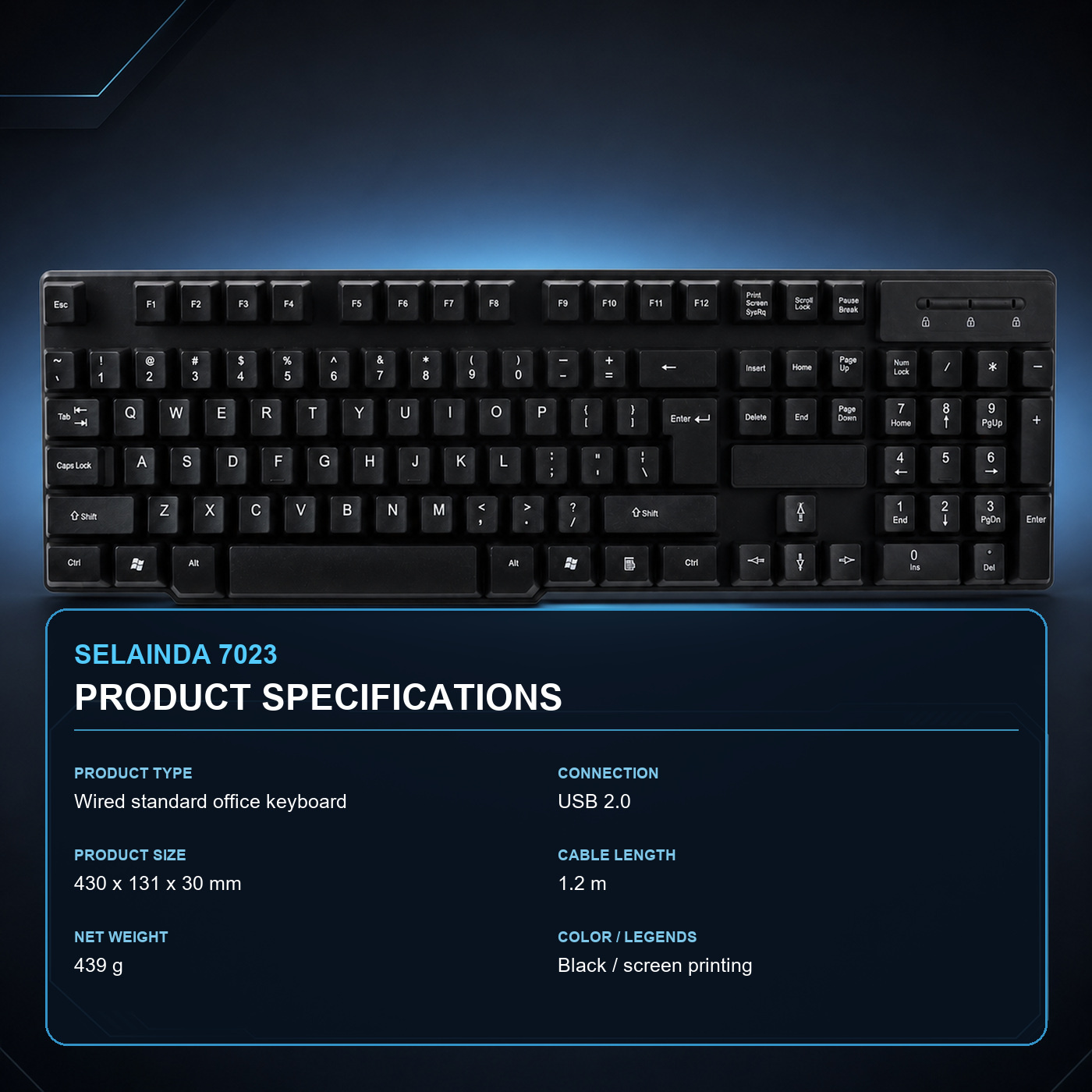 Selainda 7023 Wired Standard Office Keyboard, Full-Size 430 mm USB 2.0 Black Keyboard with Screen-Printed Layout