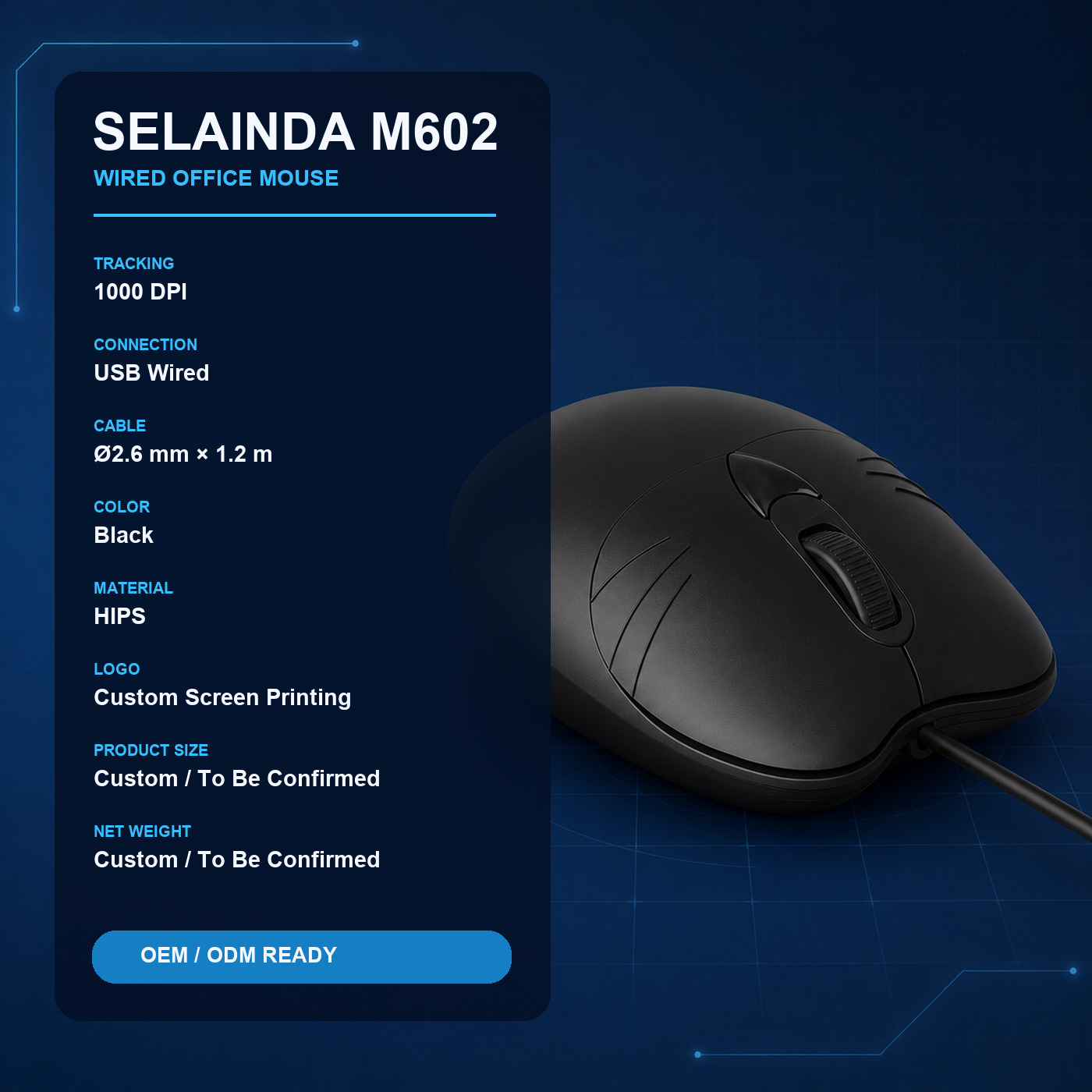 Selainda M602 Wired USB Office Mouse, 1000 DPI Optical Tracking, 1.2 m Cable, 3-Button HIPS Computer Mouse for OEM