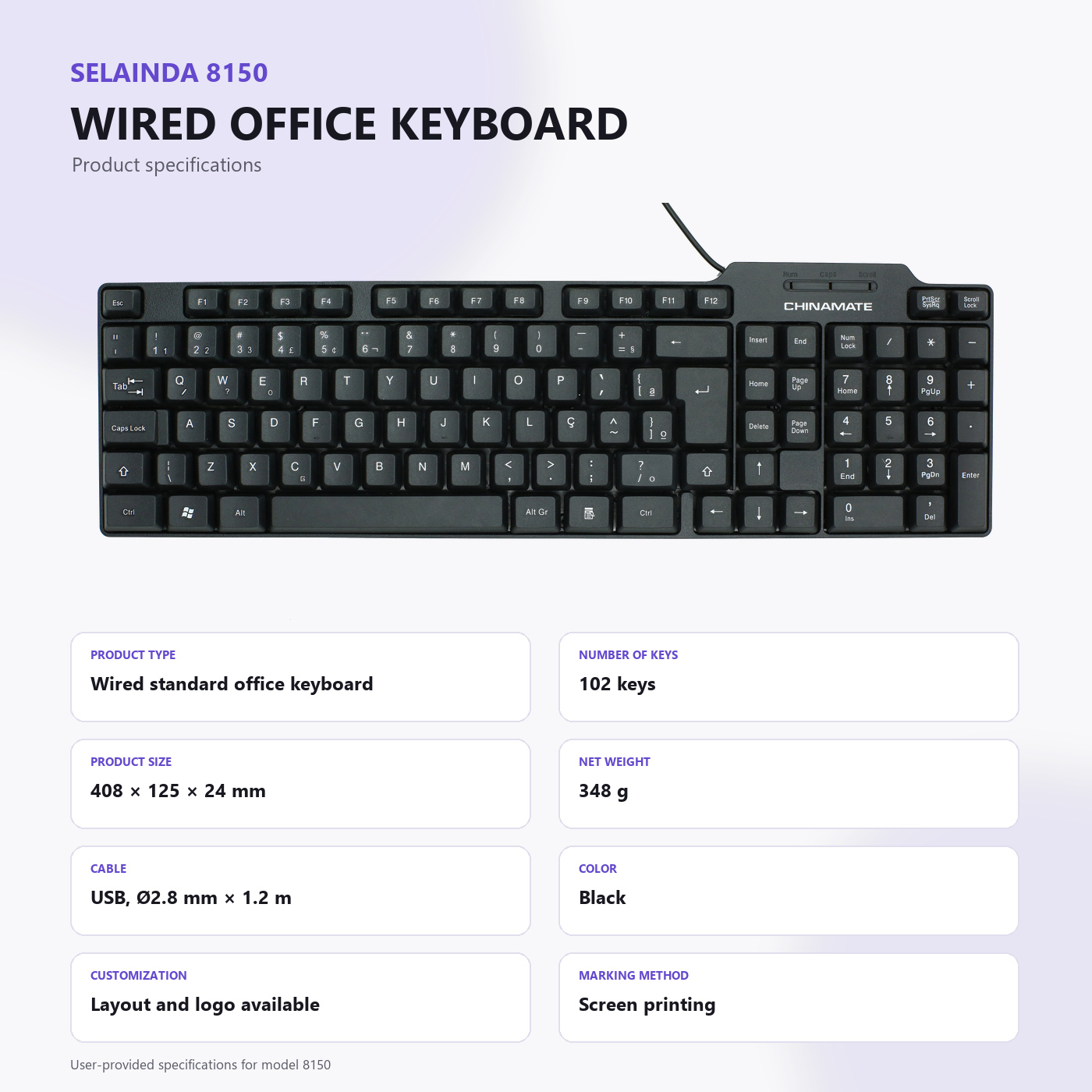 Selainda 8150 Waterproof 102-Key Wired USB Office Keyboard with Numeric Keypad for Desktop Computers