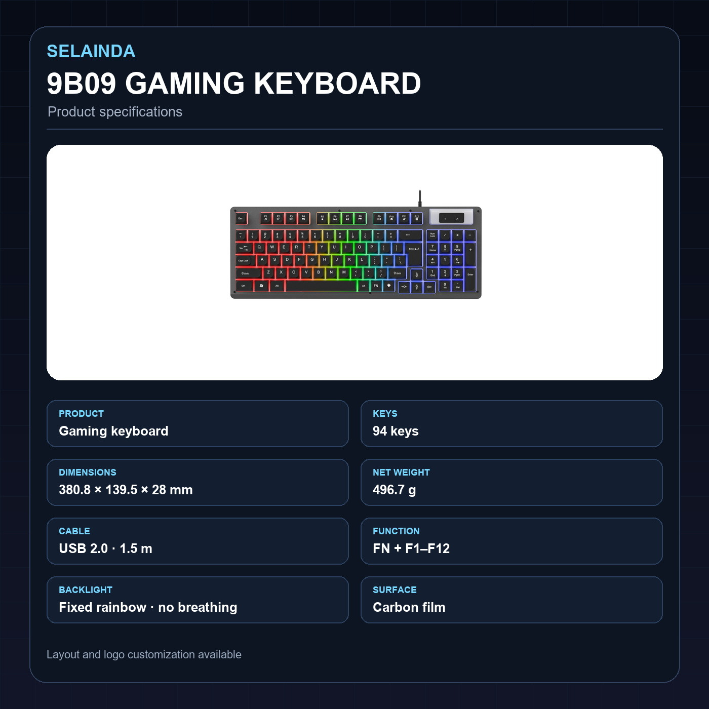 Selainda 9B09 94-Key Wired Gaming Keyboard with Rainbow Backlight, Numeric Keypad and FN Shortcuts