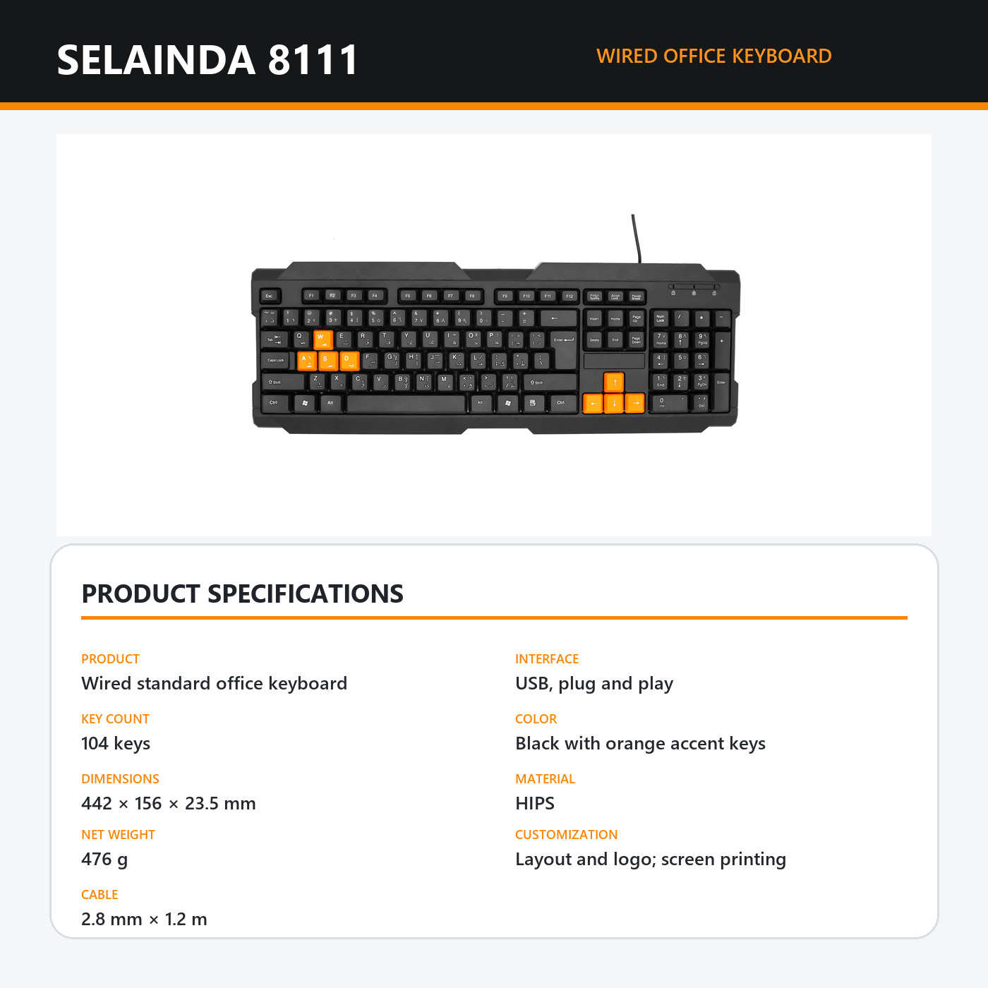 Selainda 8111 Wired USB Office Keyboard, 104-Key Full-Size Bilingual Layout,Plug-and-Play Black Keyboard
