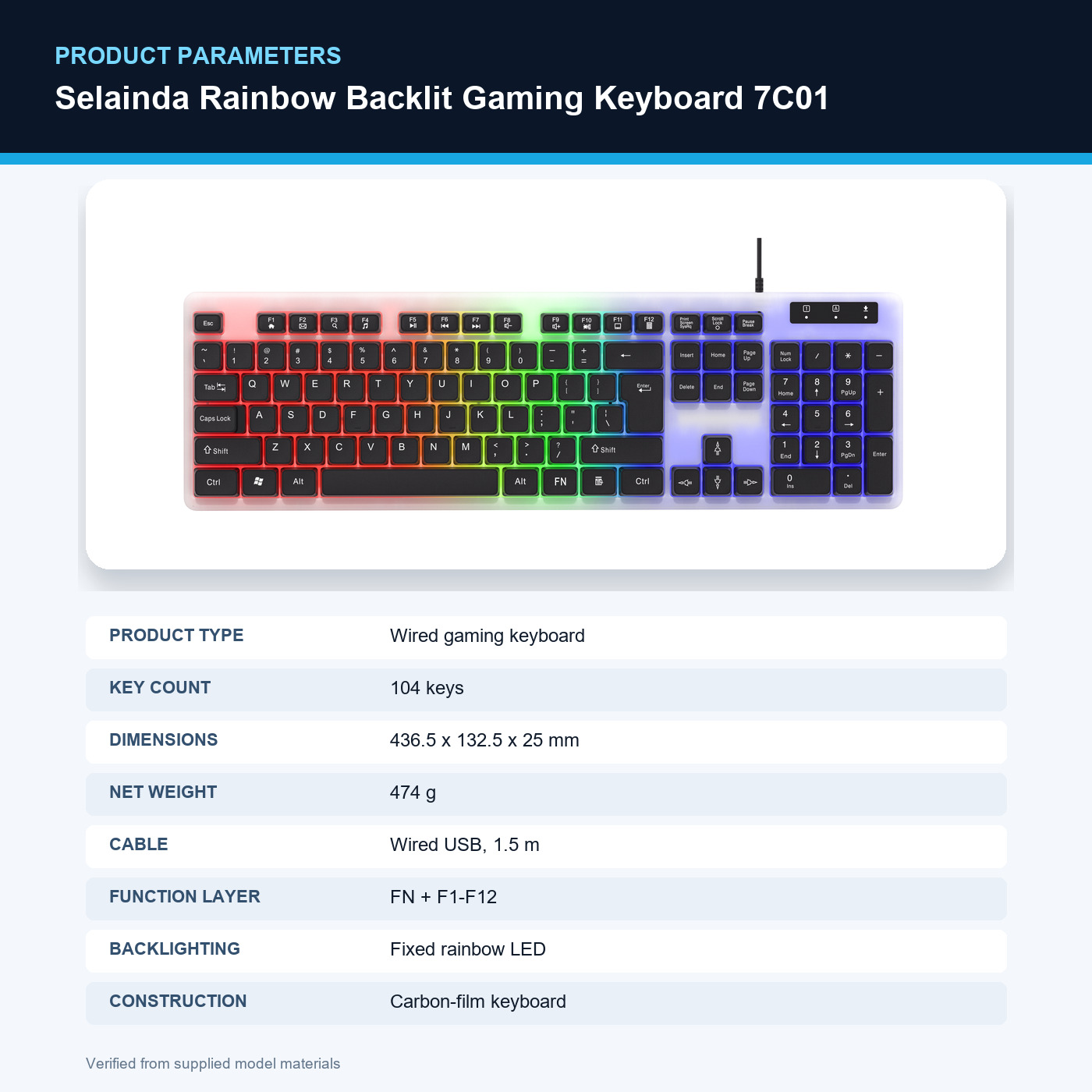 Selainda Rainbow Backlit Gaming Keyboard 7C01