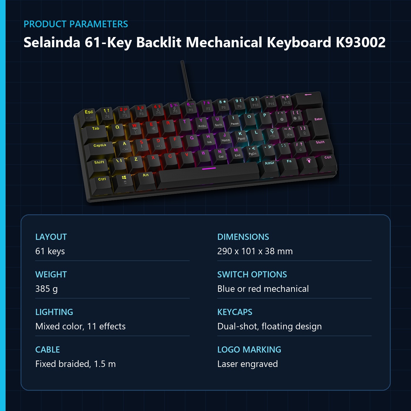 Selainda 61-Key Backlit Mechanical Keyboard K93002