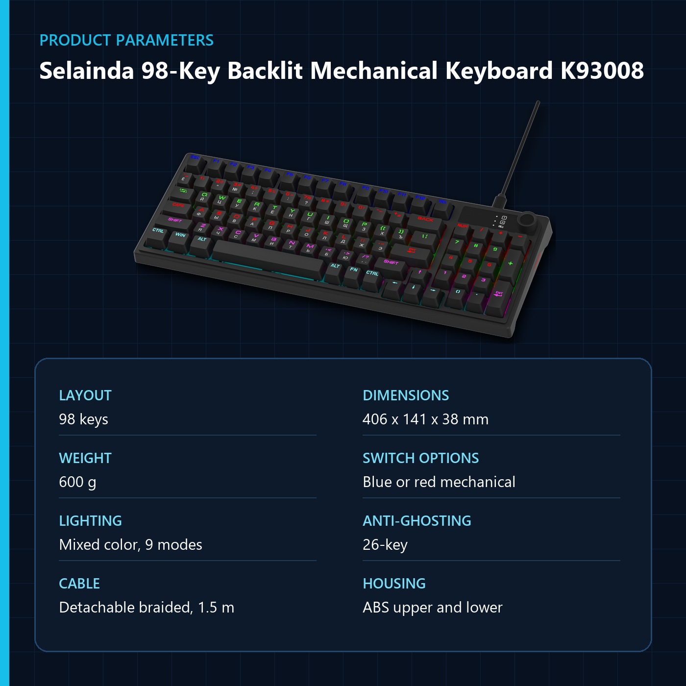 Selainda 98-Key Backlit Mechanical Keyboard K93008