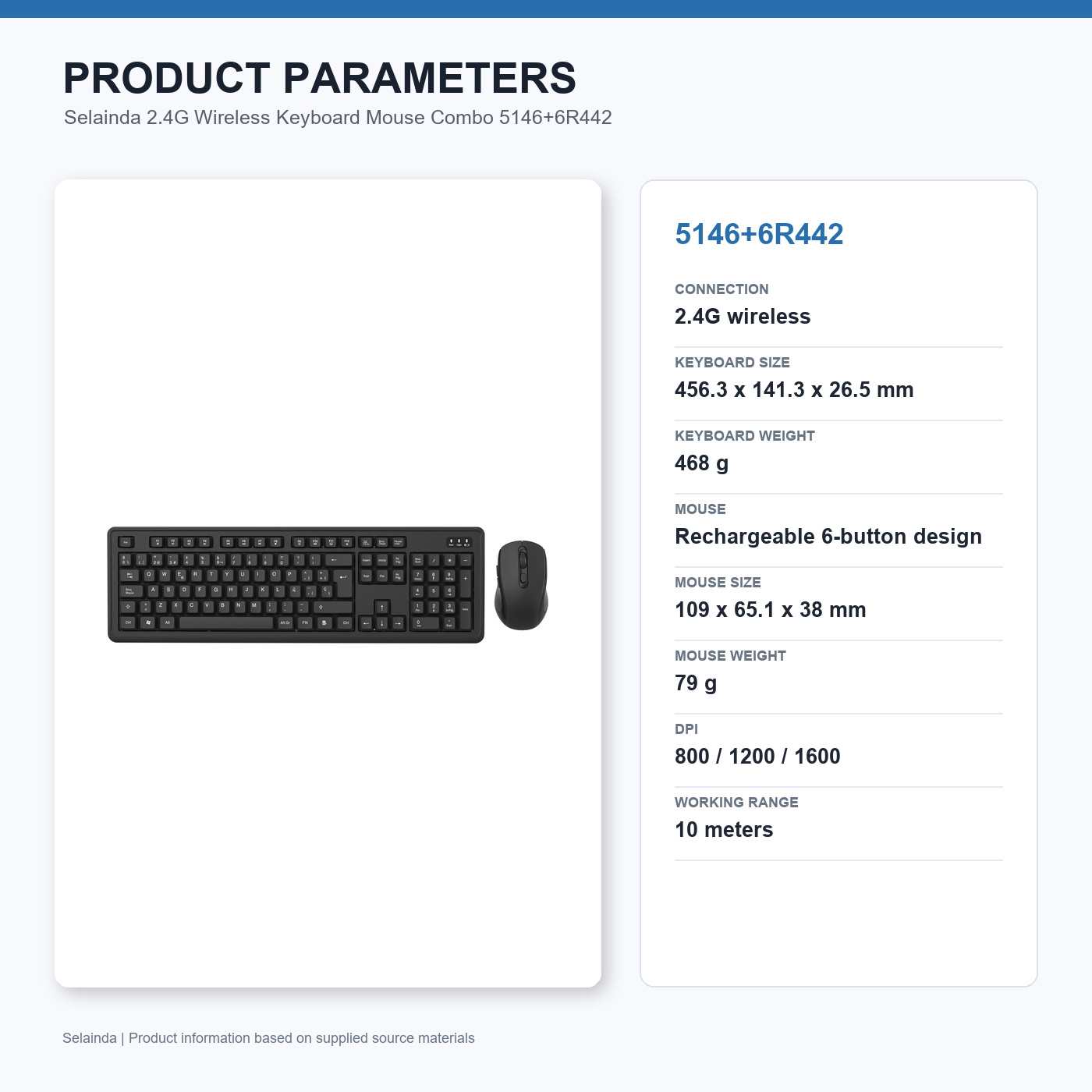Selainda 2.4G Wireless Keyboard Mouse Combo 5146+6R442