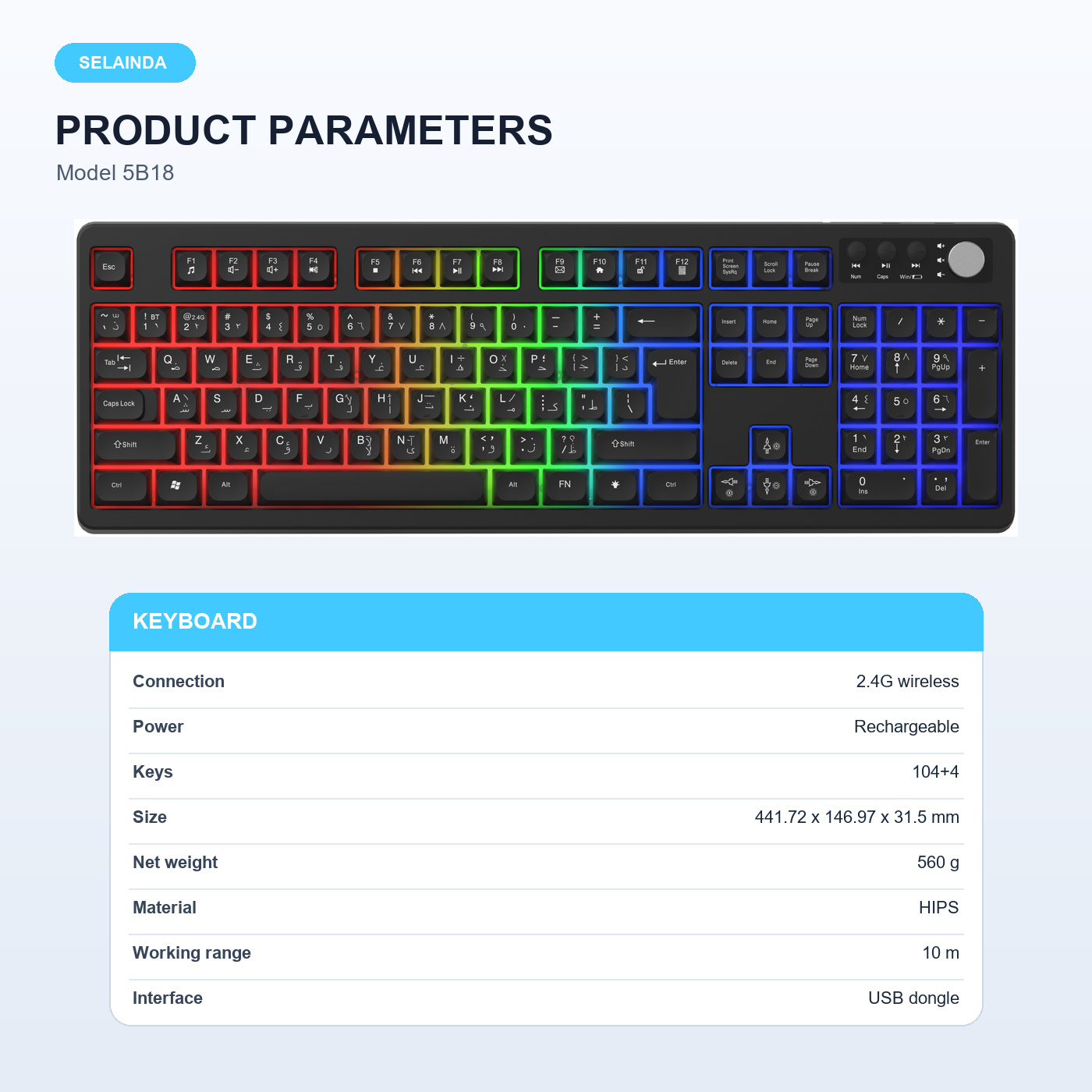 Selainda 2.4G Wireless Rechargeable 104+4-Key Keyboard 5B18