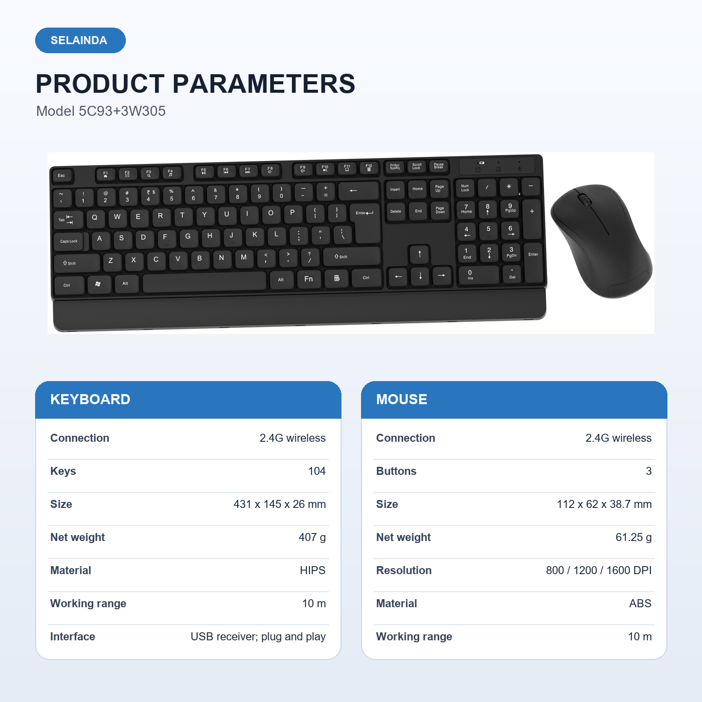 Selainda 2.4G 104-Key Wireless Keyboard Mouse Set 5C93+3W305