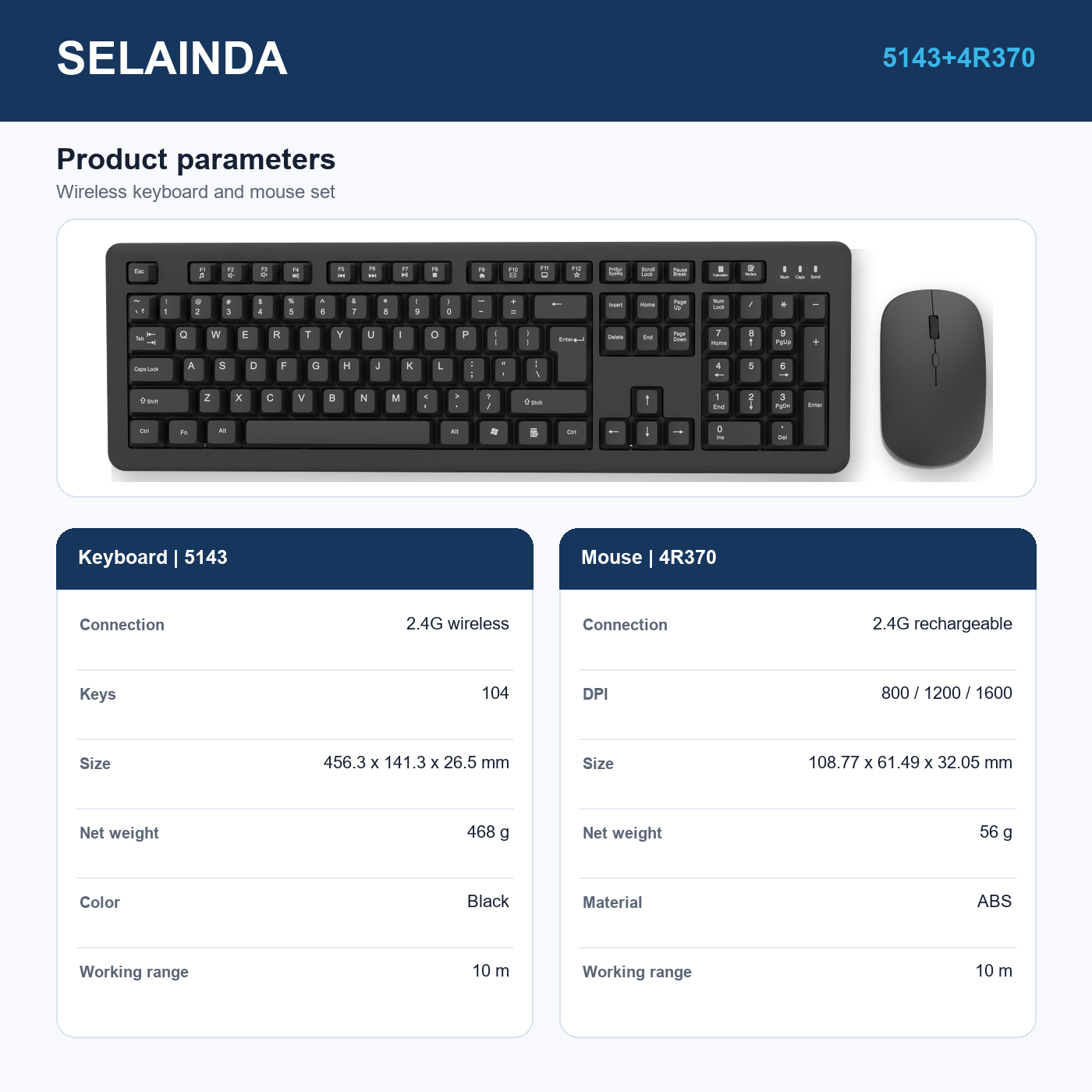 Selainda 2.4G Wireless Keyboard and Rechargeable Mouse Set 5143+4R370