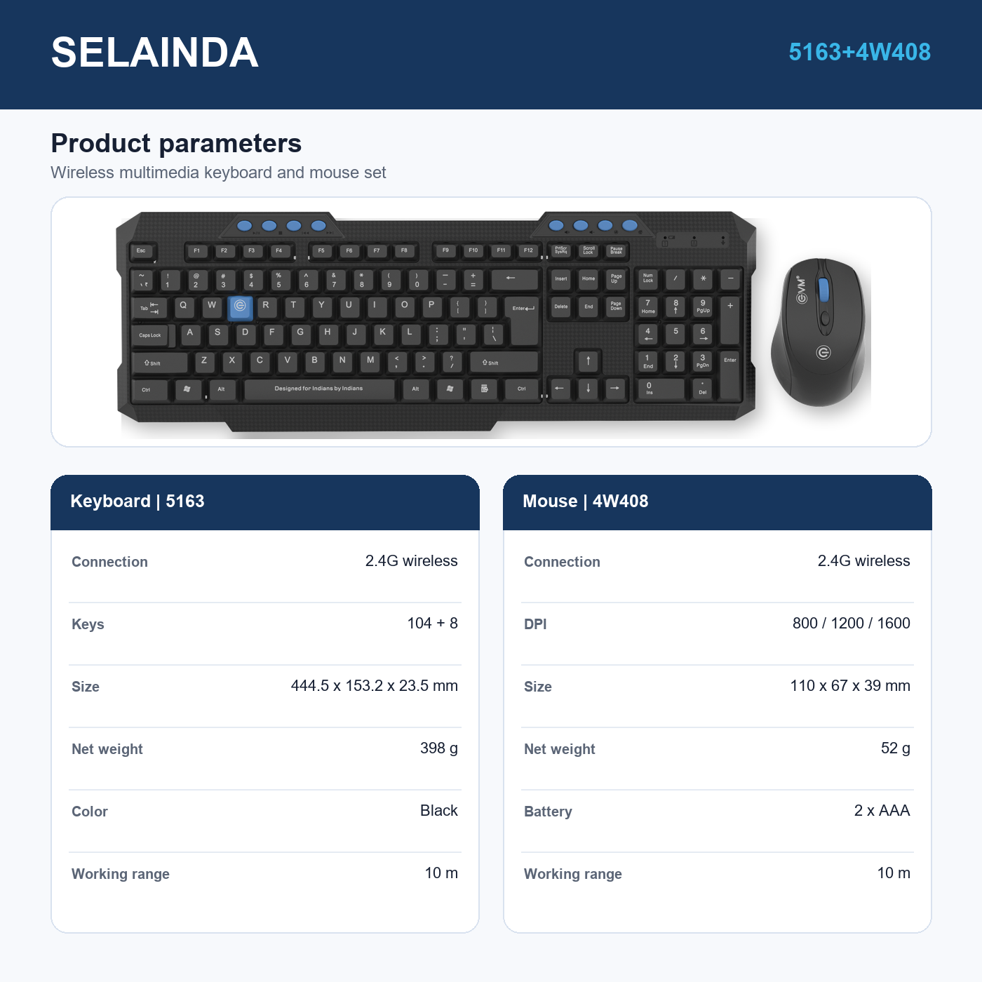 Selainda 2.4G Multimedia Keyboard and Mouse Set 5163+4W408