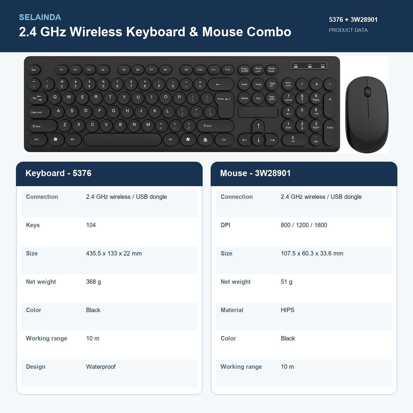 Selainda 2.4G Wireless Keyboard and Mouse Combo 5376 + 3W28901