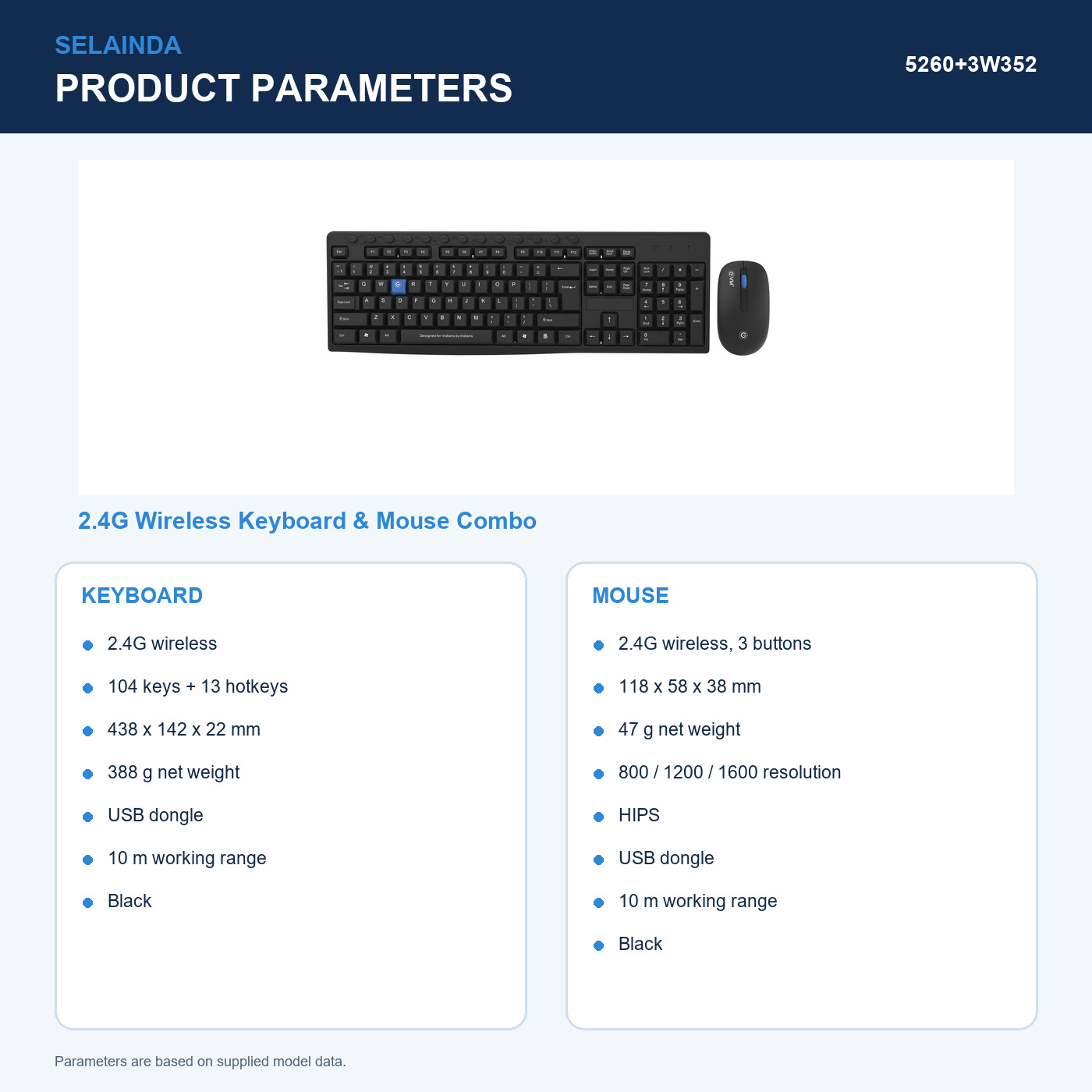 Selainda 2.4G Wireless Keyboard Mouse Combo, 104 Keys 5260+3W352