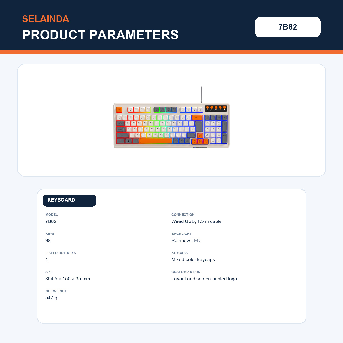 Selainda 98-Key Wired Rainbow Backlit Gaming Keyboard 7B82