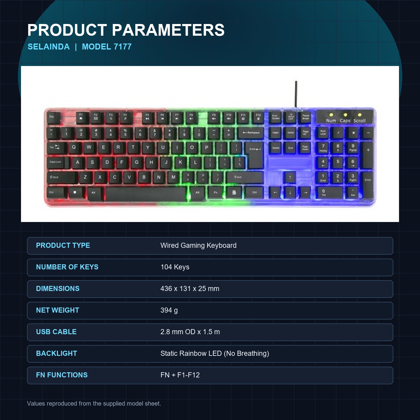 Selainda 104-Key Rainbow Backlit Wired Gaming Keyboard 7177