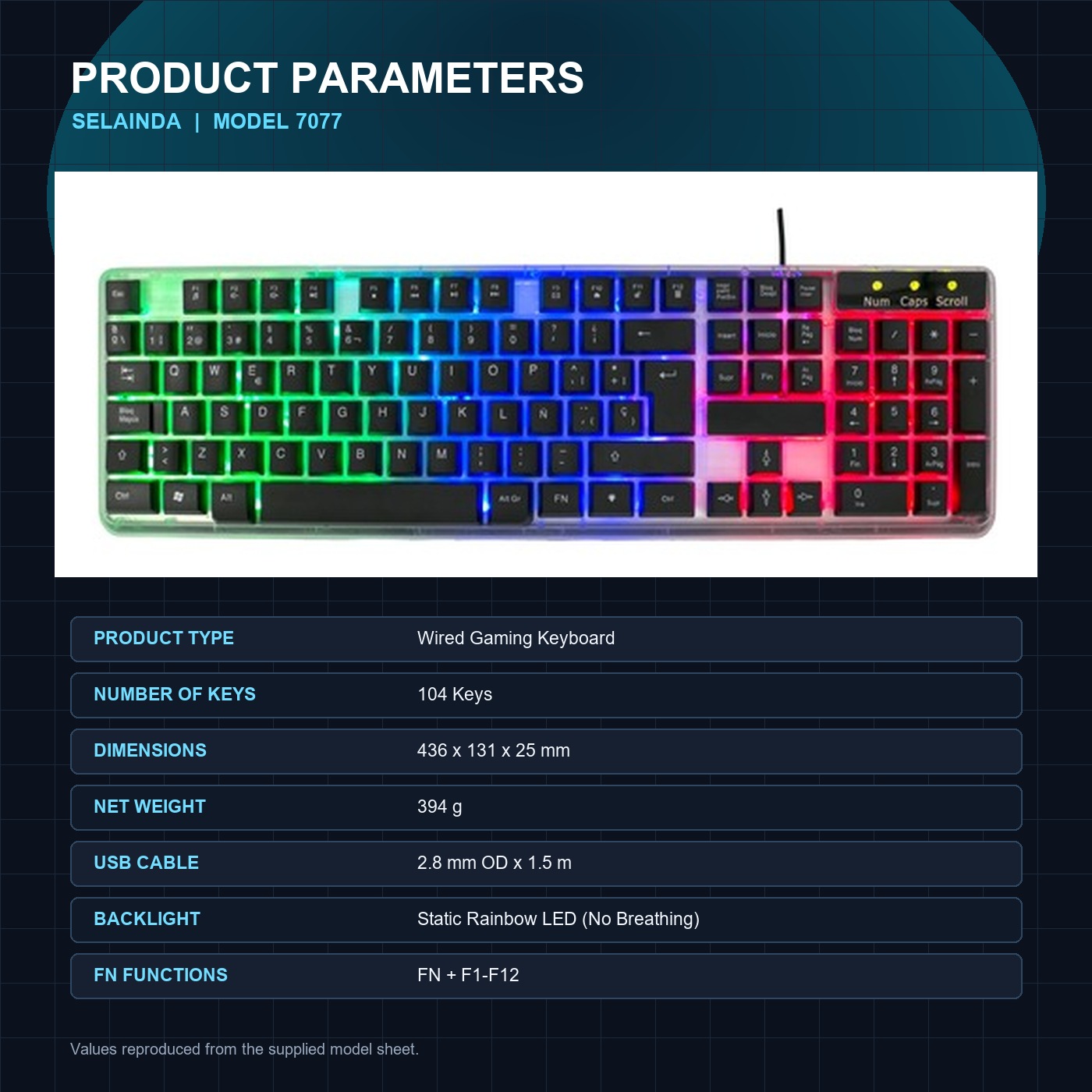 Selainda 104-Key Rainbow Backlit Wired Gaming Keyboard 7077
