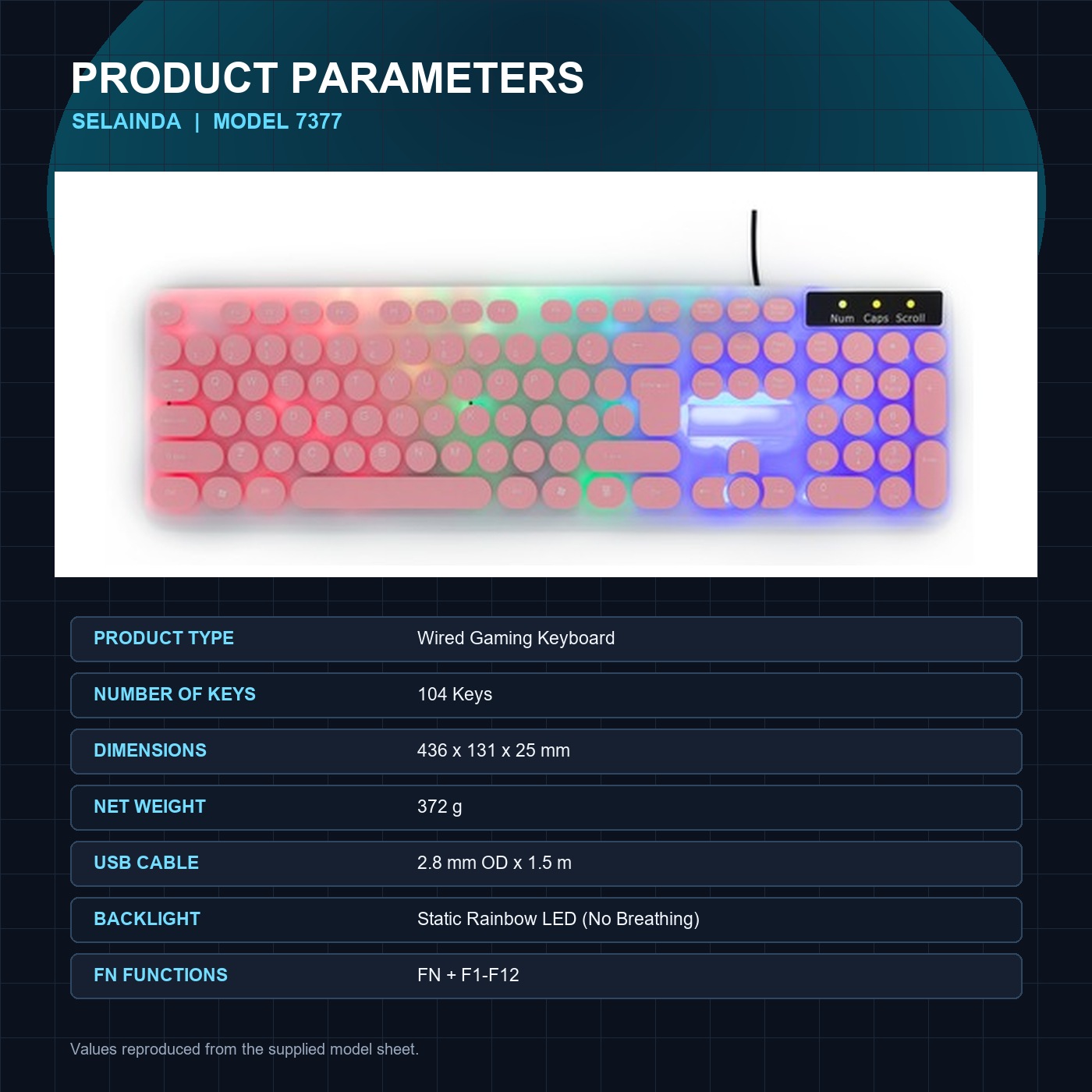 Selainda 104-Key Rainbow Backlit Wired Gaming Keyboard 7377