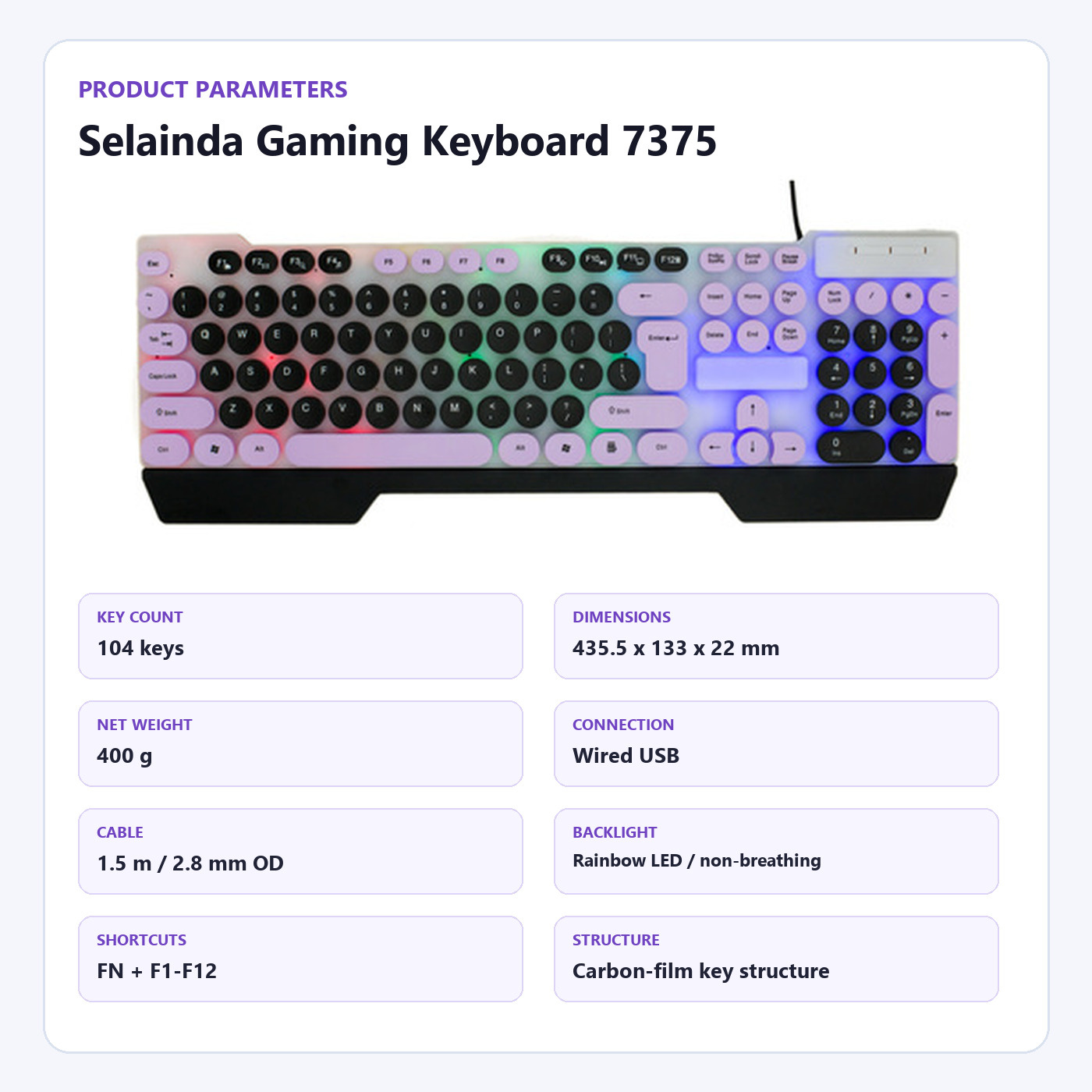 Selainda 104-Key Wired USB Rainbow Backlit Round-Key Gaming Keyboard 7375