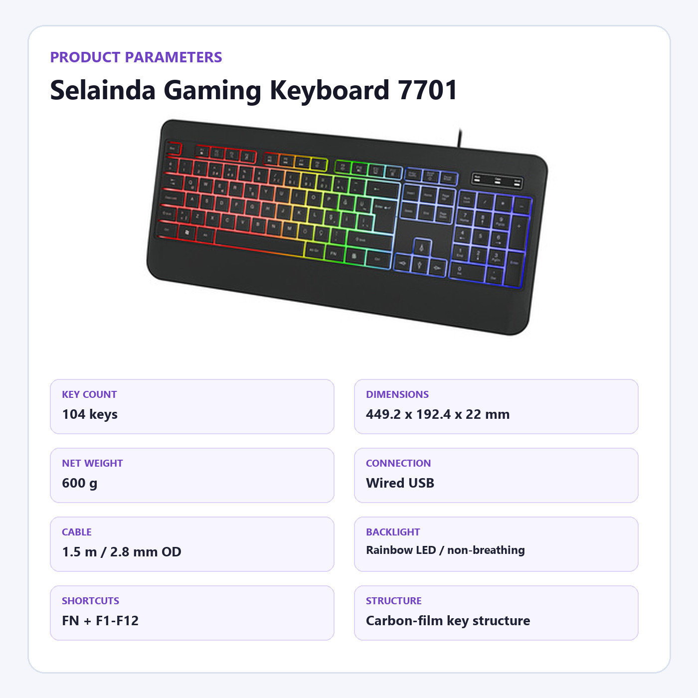 Selainda 104-Key Wired USB Rainbow Gaming Keyboard with Wrist Rest 7701