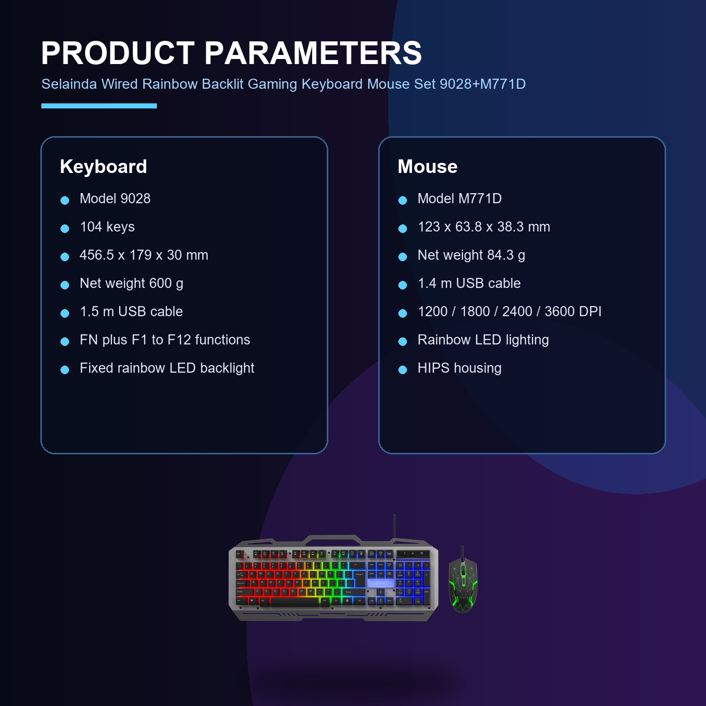 Selainda Wired Rainbow Backlit Gaming Keyboard Mouse Set