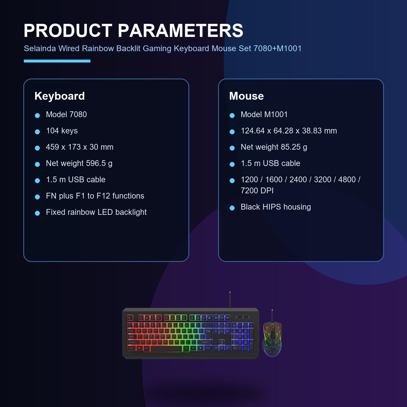 Selainda Wired Rainbow Backlit Gaming Keyboard Mouse Set 7080+M1001