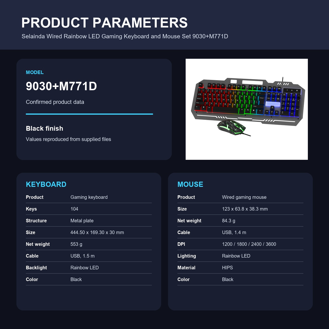 Selainda Wired Rainbow LED Gaming Keyboard and Mouse Set 9030+M771D