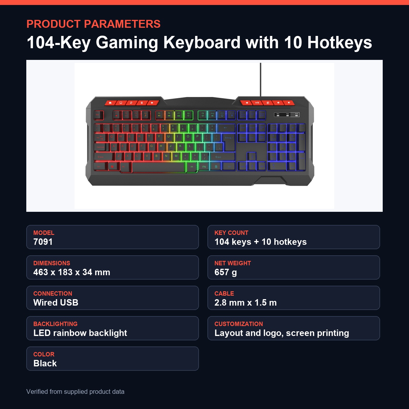 Selainda 104-Key Wired Rainbow LED Gaming Keyboard with Hotkeys 7091