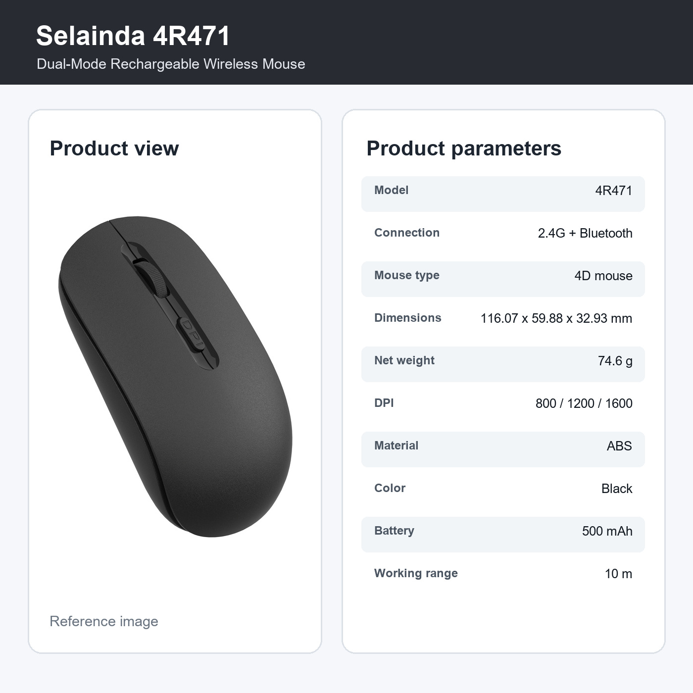 Selainda Dual-Mode Rechargeable Black Wireless Mouse 4R471