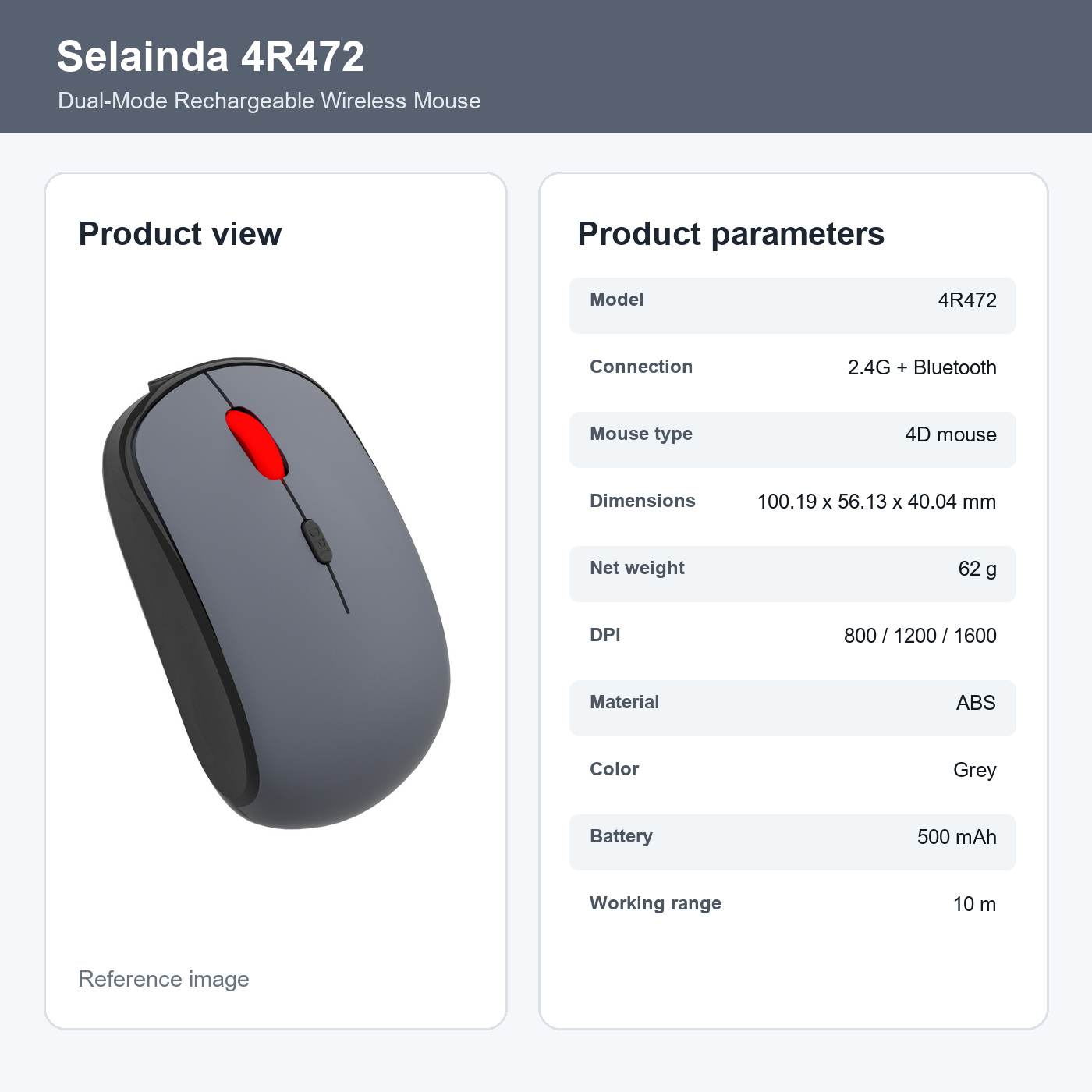 Selainda Dual-Mode Rechargeable Grey Wireless Mouse 4R472