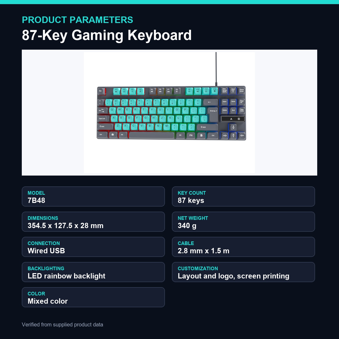 Selainda 87-Key Wired Rainbow LED Gaming Keyboard in Mixed Colors 7B48