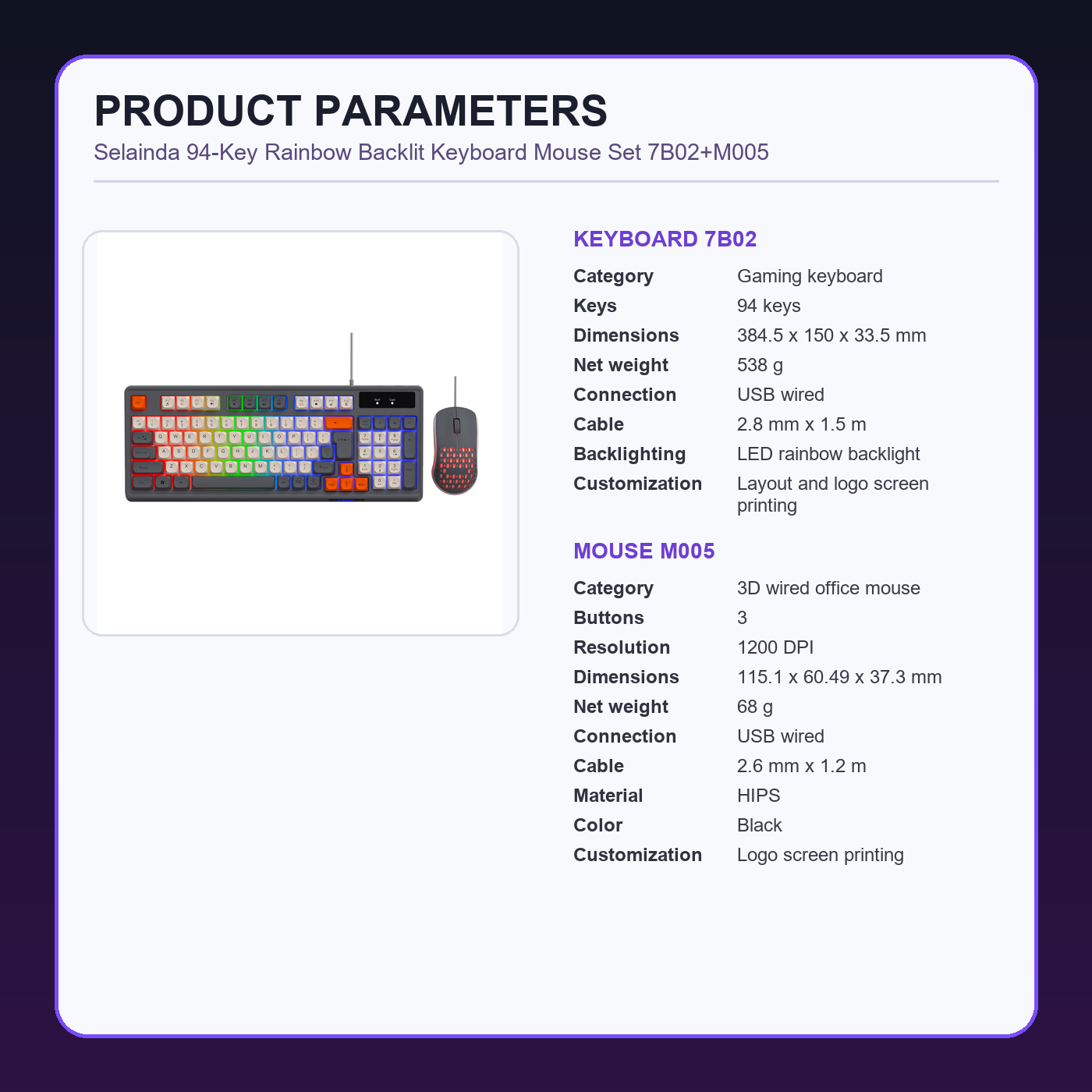 Selainda 94-Key Rainbow Backlit Keyboard Mouse Set 7B02+M005