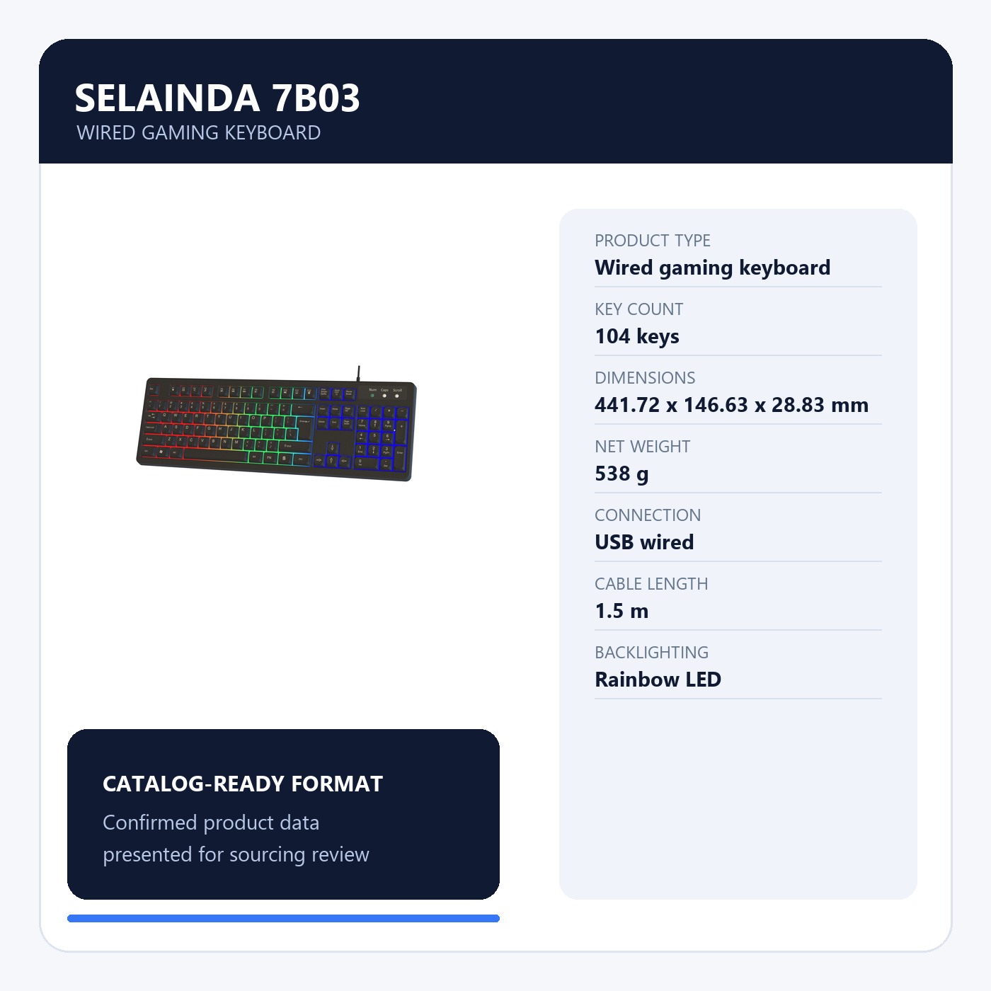 Selainda 104-Key Rainbow Backlit Wired Gaming Keyboard 7B03