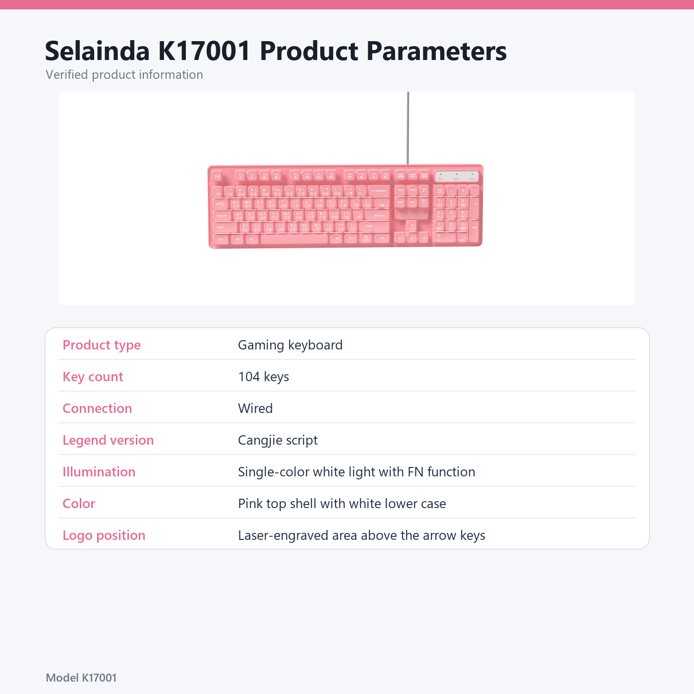 Selainda Pink 104-Key White Backlit Wired Keyboard K17001