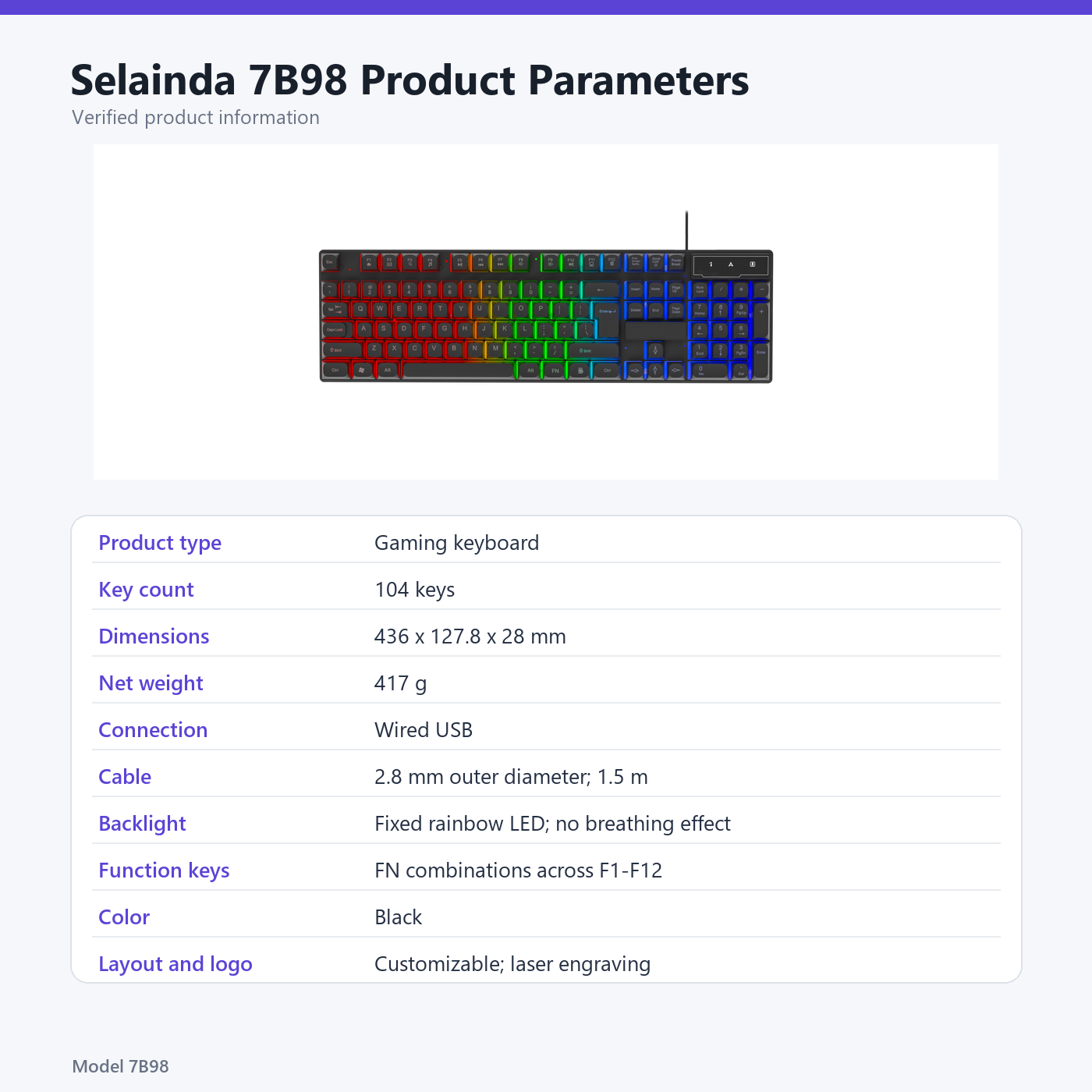 Selainda 104-Key Rainbow Backlit Wired Gaming Keyboard 7B98